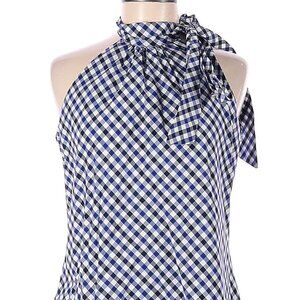 DESIGNER TISH COX BLUE/WHITE GINGHAM PRINT TIE BOW SLEEVELESS SUMMER DRESS MED
